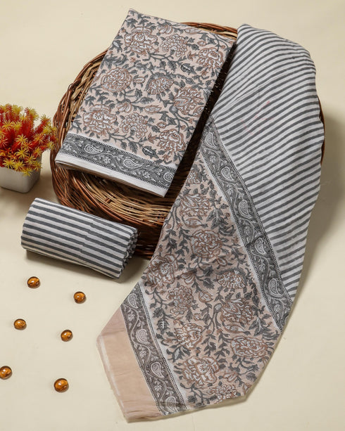 Floral Jaal Print Cotton Suit Set with Mulmul Dupatta (PRMUL102)